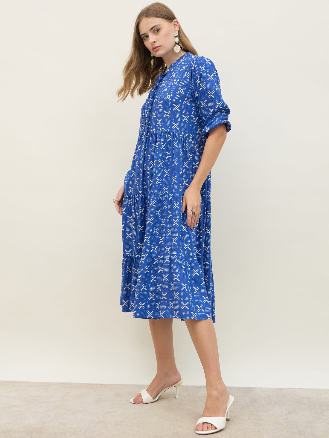 Women's Blue Geometric Mandarin Flared Midi Dresses