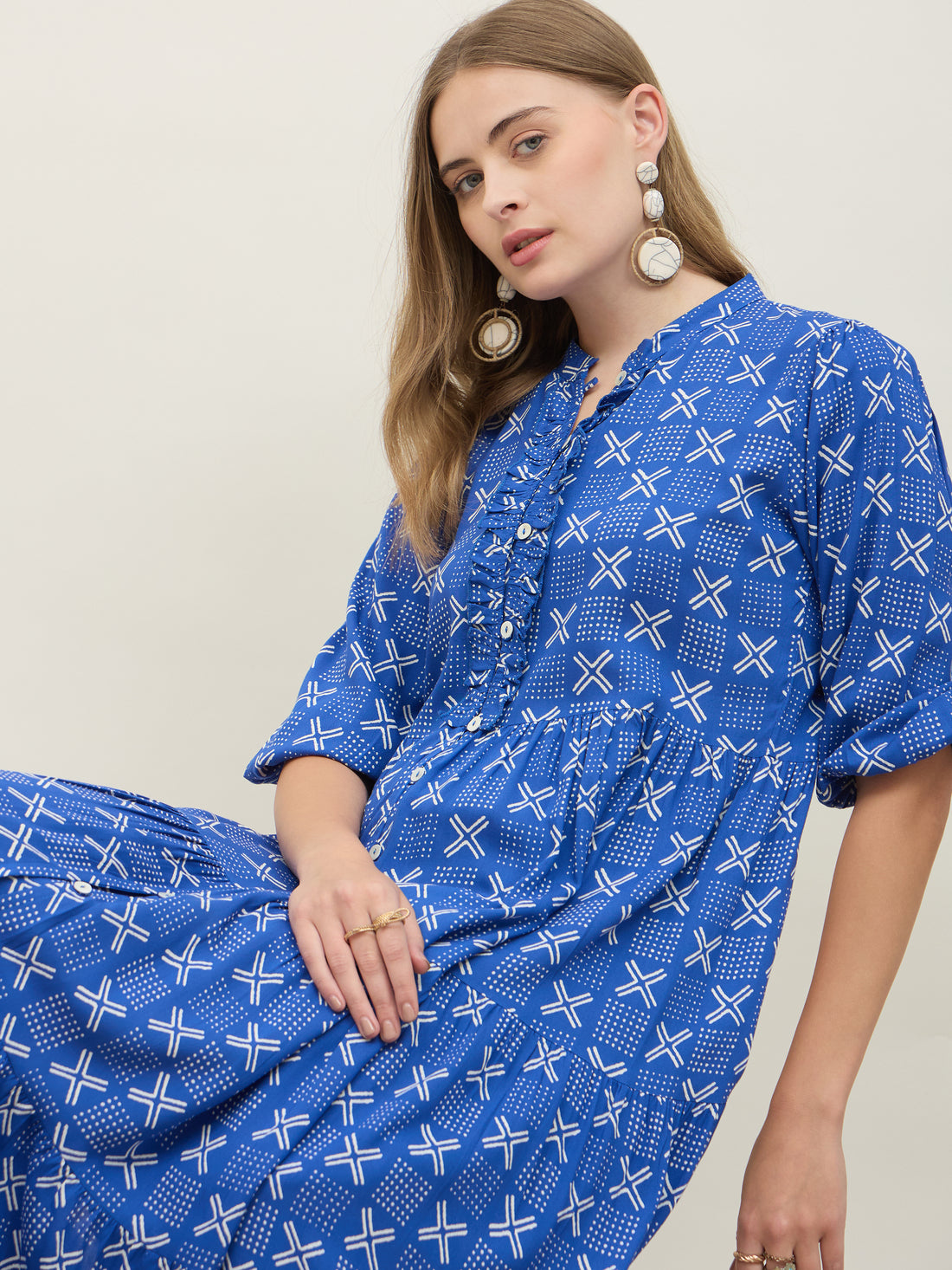 Women's Blue Geometric Mandarin Flared Midi Dresses