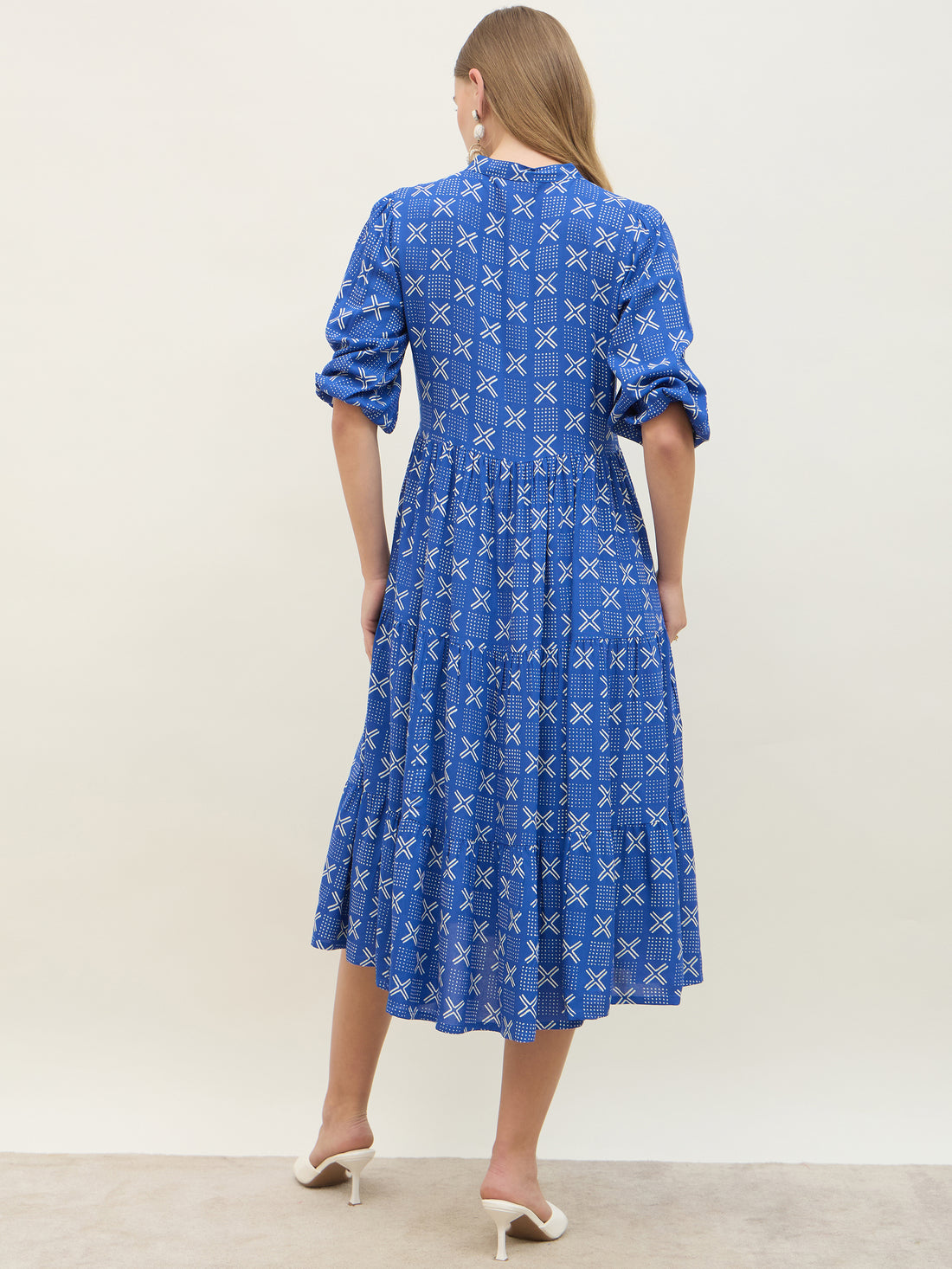Women's Blue Geometric Mandarin Flared Midi Dresses