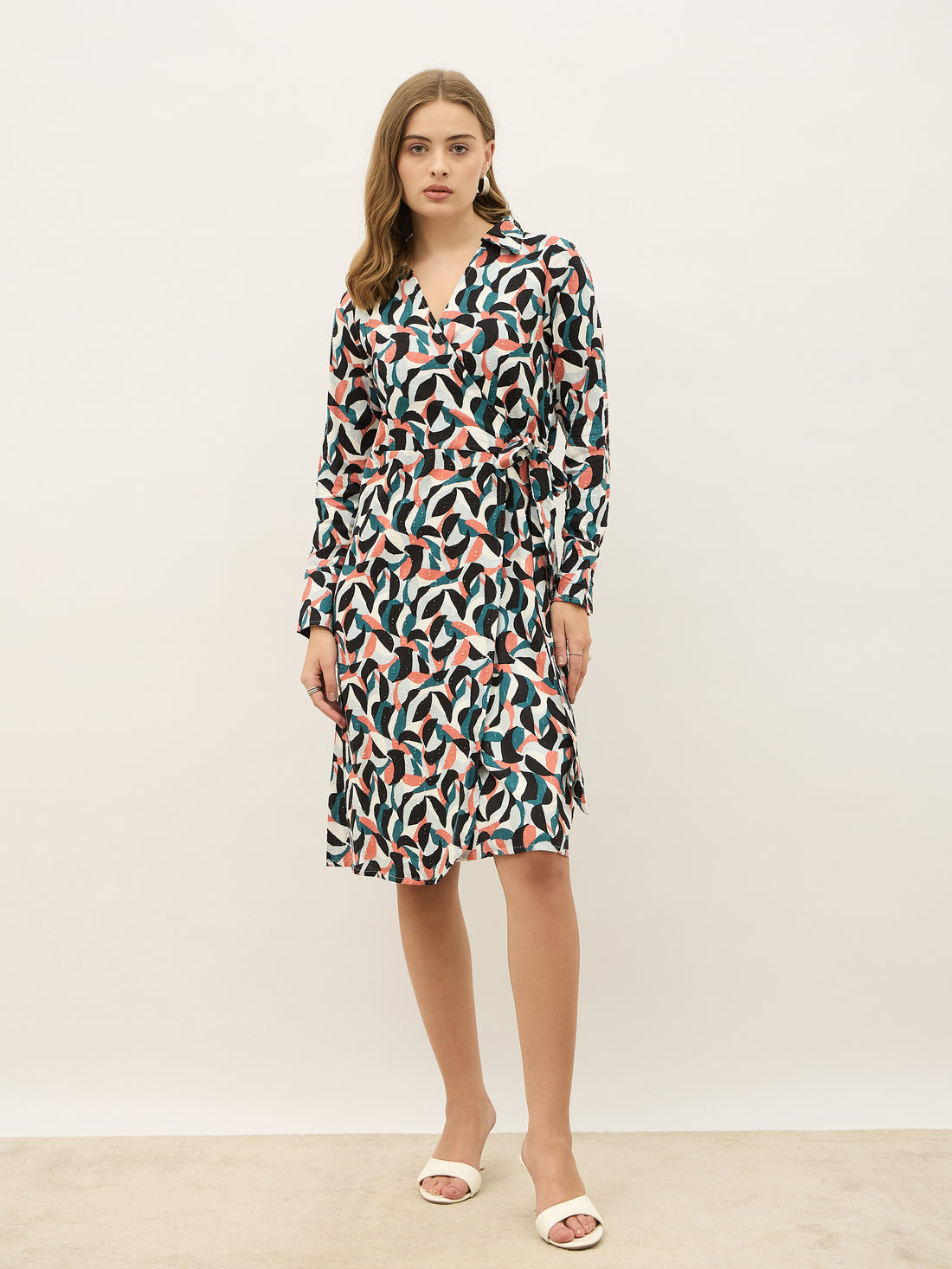 Women's Multicolor Abstract Shirt Collar Sheath Knee Length Dresses