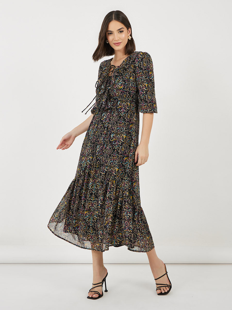 Women's Black Printed Ruffle Neck Puff Sleeves A-Line Maxi Dress