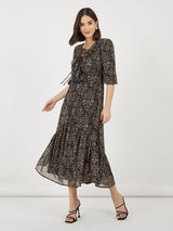 Women's Black Printed Ruffle Neck Puff Sleeves A-Line Maxi Dress