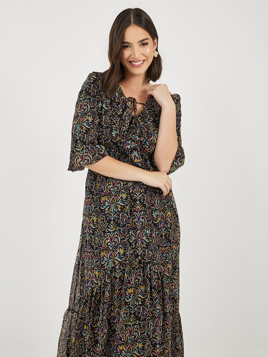 Women's Black Printed Ruffle Neck Puff Sleeves A-Line Maxi Dress