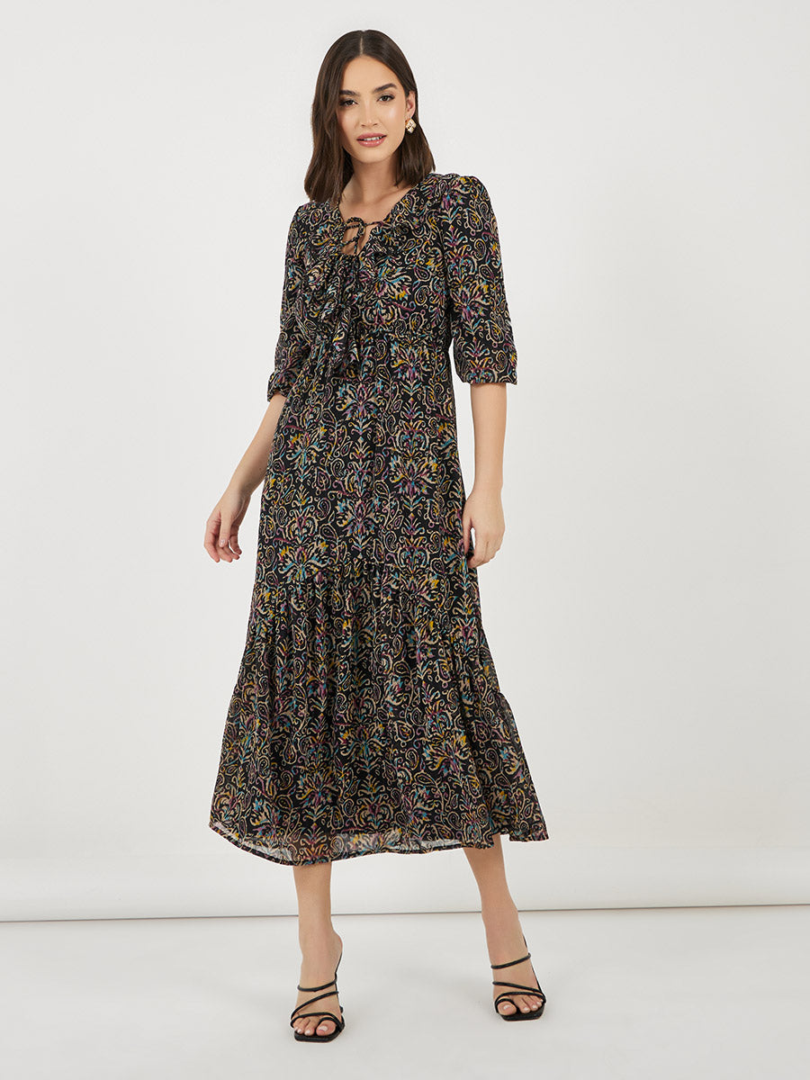 Women's Black Printed Ruffle Neck Puff Sleeves A-Line Maxi Dress