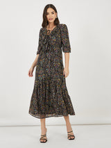 Women's Black Printed Ruffle Neck Puff Sleeves A-Line Maxi Dress