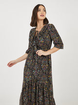 Women's Black Printed Ruffle Neck Puff Sleeves A-Line Maxi Dress