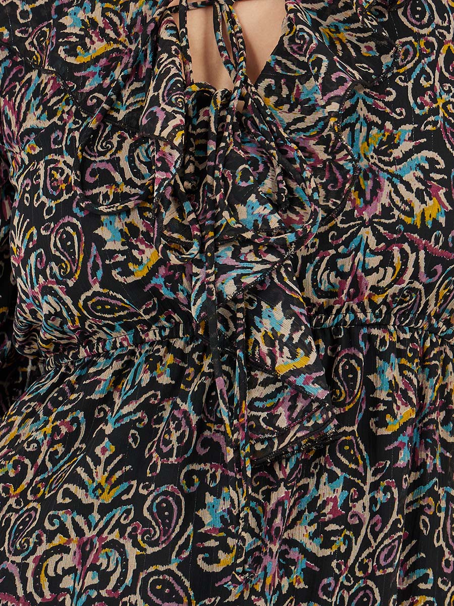 Women's Black Printed Ruffle Neck Puff Sleeves A-Line Maxi Dress