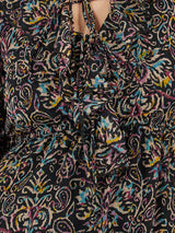 Women's Black Printed Ruffle Neck Puff Sleeves A-Line Maxi Dress