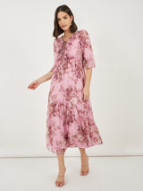 Women's Pink Ruffle Neck Puff Sleeves A-Line Maxi Dress