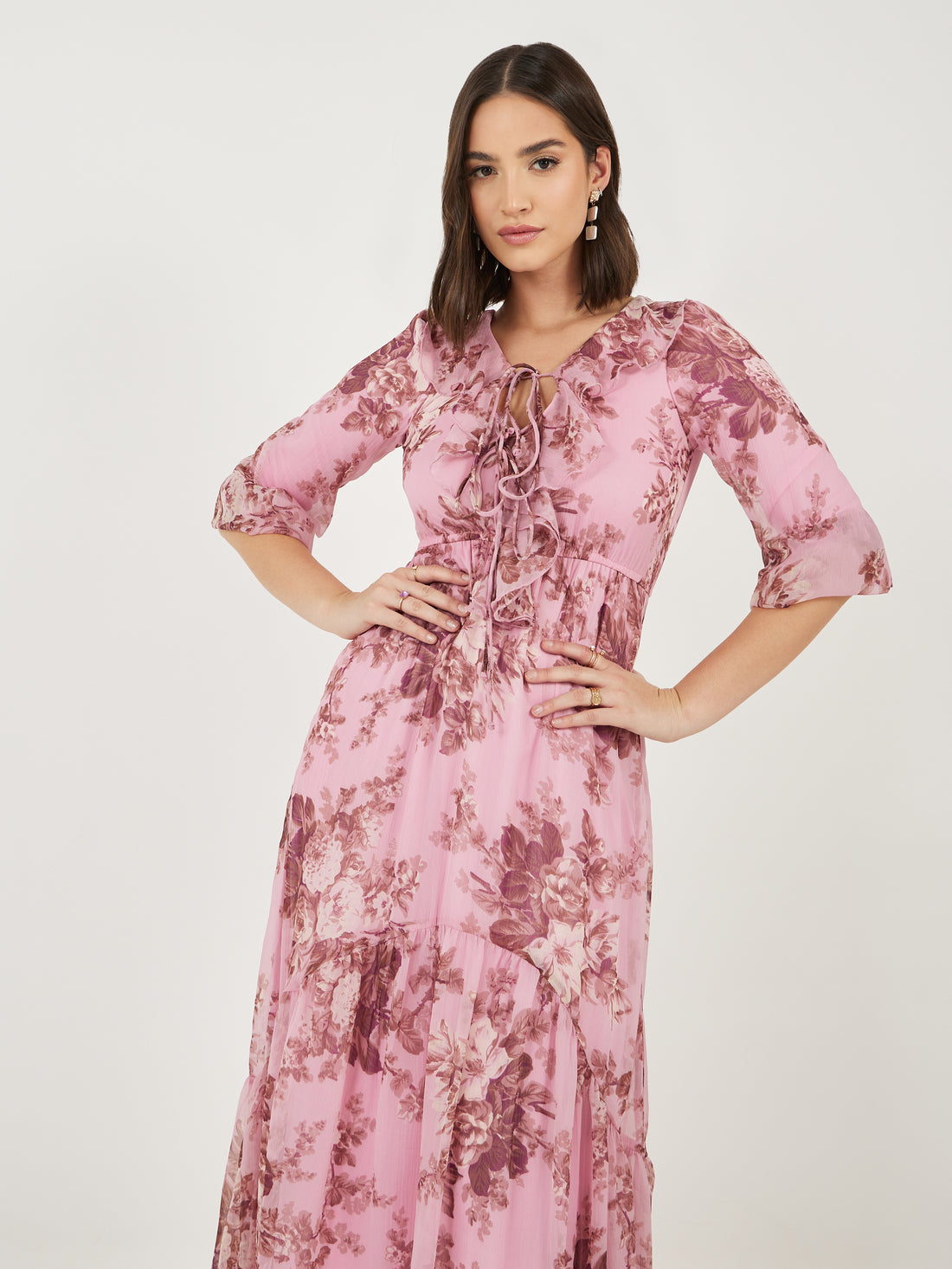 Women's Pink Ruffle Neck Puff Sleeves A-Line Maxi Dress
