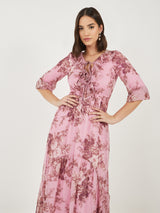 Women's Pink Ruffle Neck Puff Sleeves A-Line Maxi Dress