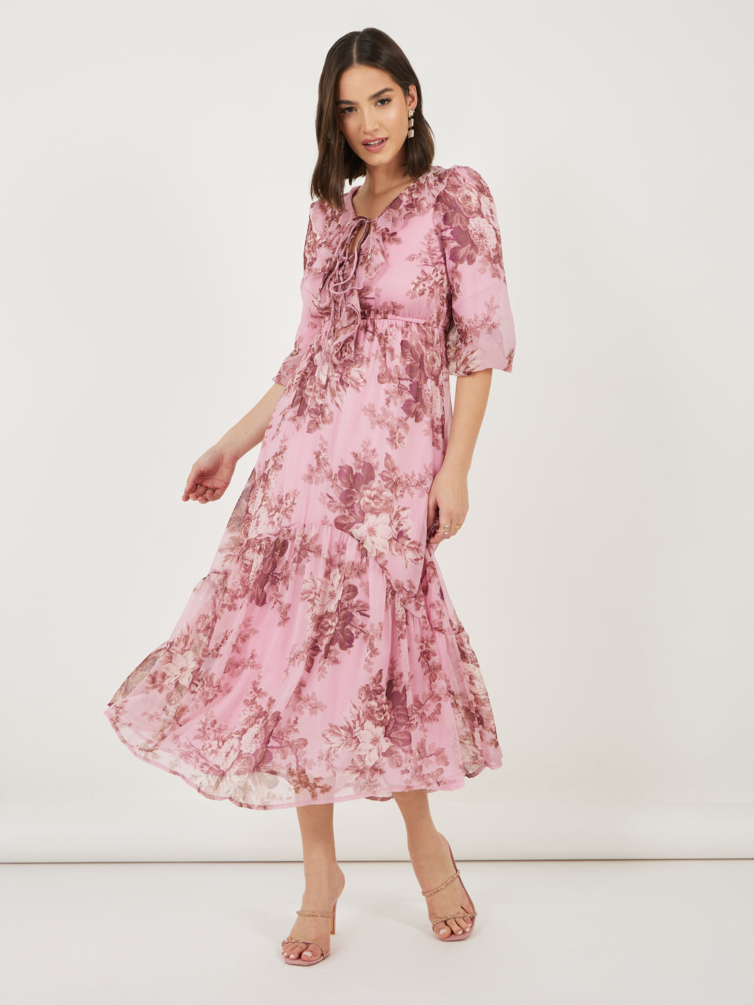 Women's Pink Ruffle Neck Puff Sleeves A-Line Maxi Dress