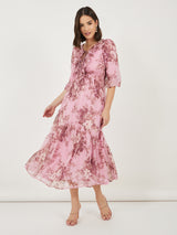 Women's Pink Ruffle Neck Puff Sleeves A-Line Maxi Dress