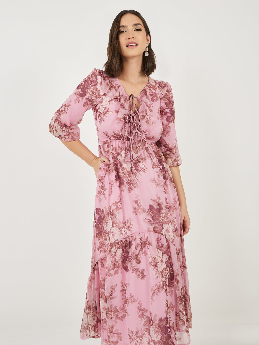 Women's Pink Ruffle Neck Puff Sleeves A-Line Maxi Dress