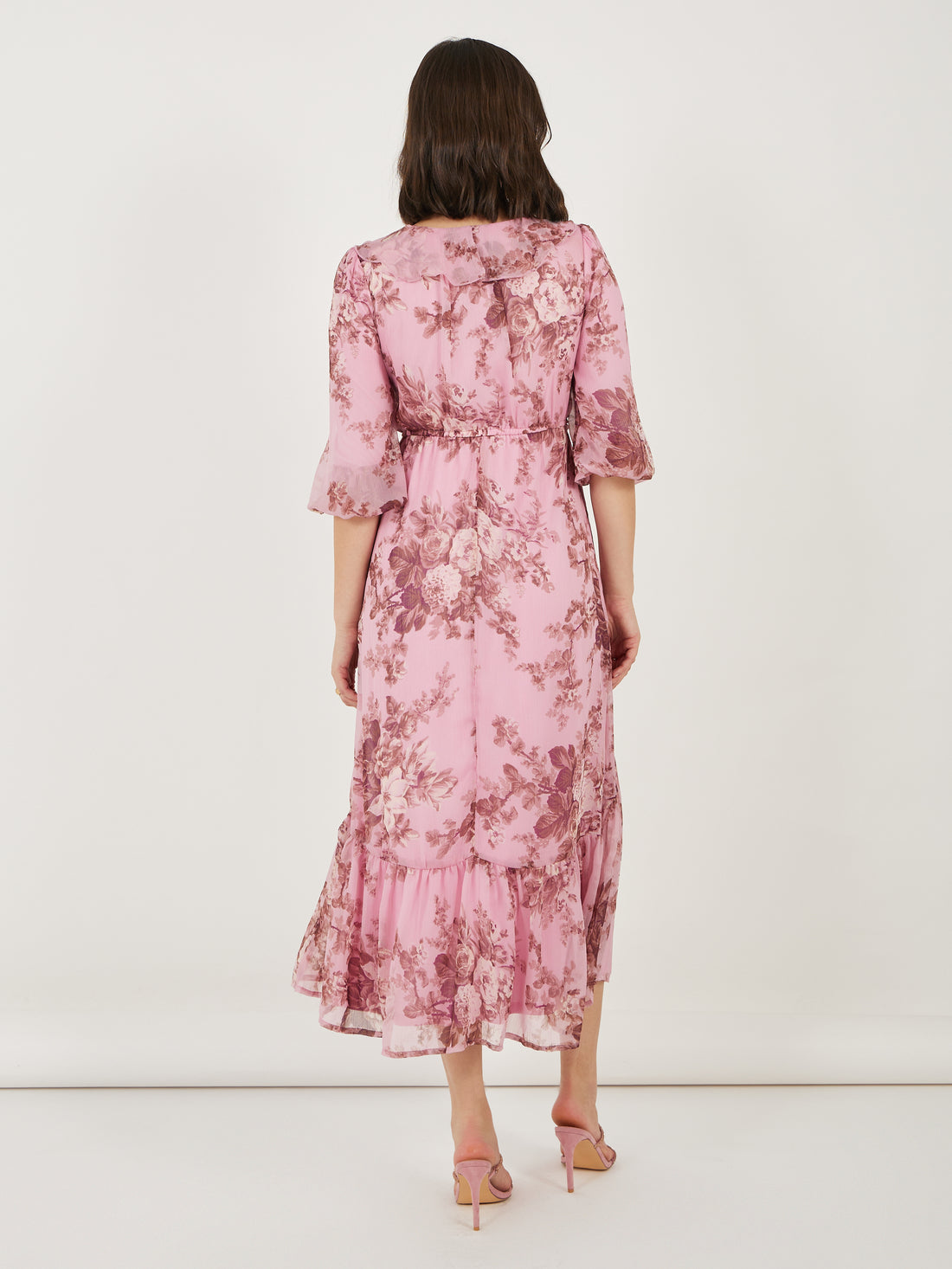 Women's Pink Ruffle Neck Puff Sleeves A-Line Maxi Dress