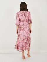 Women's Pink Ruffle Neck Puff Sleeves A-Line Maxi Dress