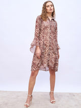 Women's Brown Animal Shirt Collar Casual Shirt Knee-Length Dresses