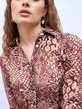 Women's Brown Animal Shirt Collar Casual Shirt Knee-Length Dresses