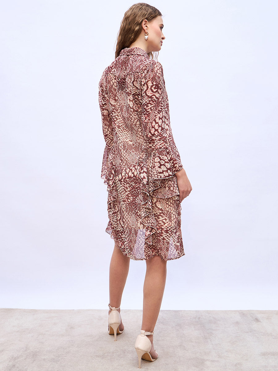 Women's Brown Animal Shirt Collar Casual Shirt Knee-Length Dresses