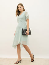 Women's Blue Half Sleeves V Neck A line Knee Length Dress