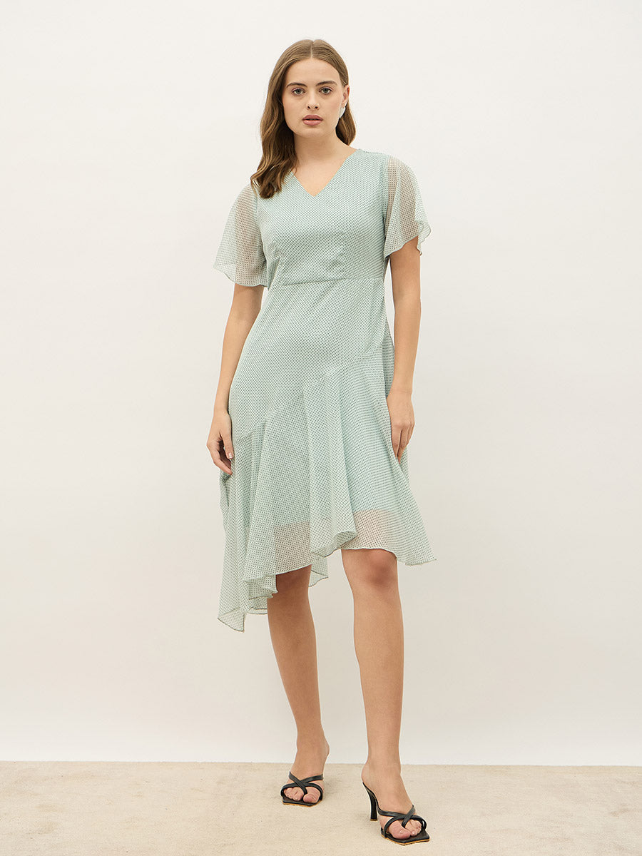 Women's Blue Half Sleeves V Neck A line Knee Length Dress