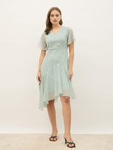Women's Blue Half Sleeves V Neck A line Knee Length Dress