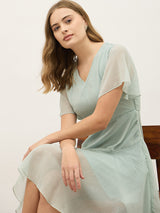 Women's Blue Half Sleeves V Neck A line Knee Length Dress