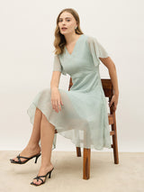 Women's Blue Half Sleeves V Neck A line Knee Length Dress