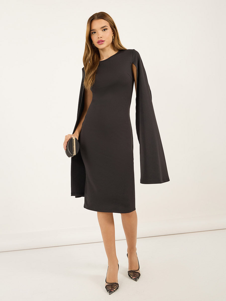 Women's Solid Long Cape Sleeve Sheath Midi Dress