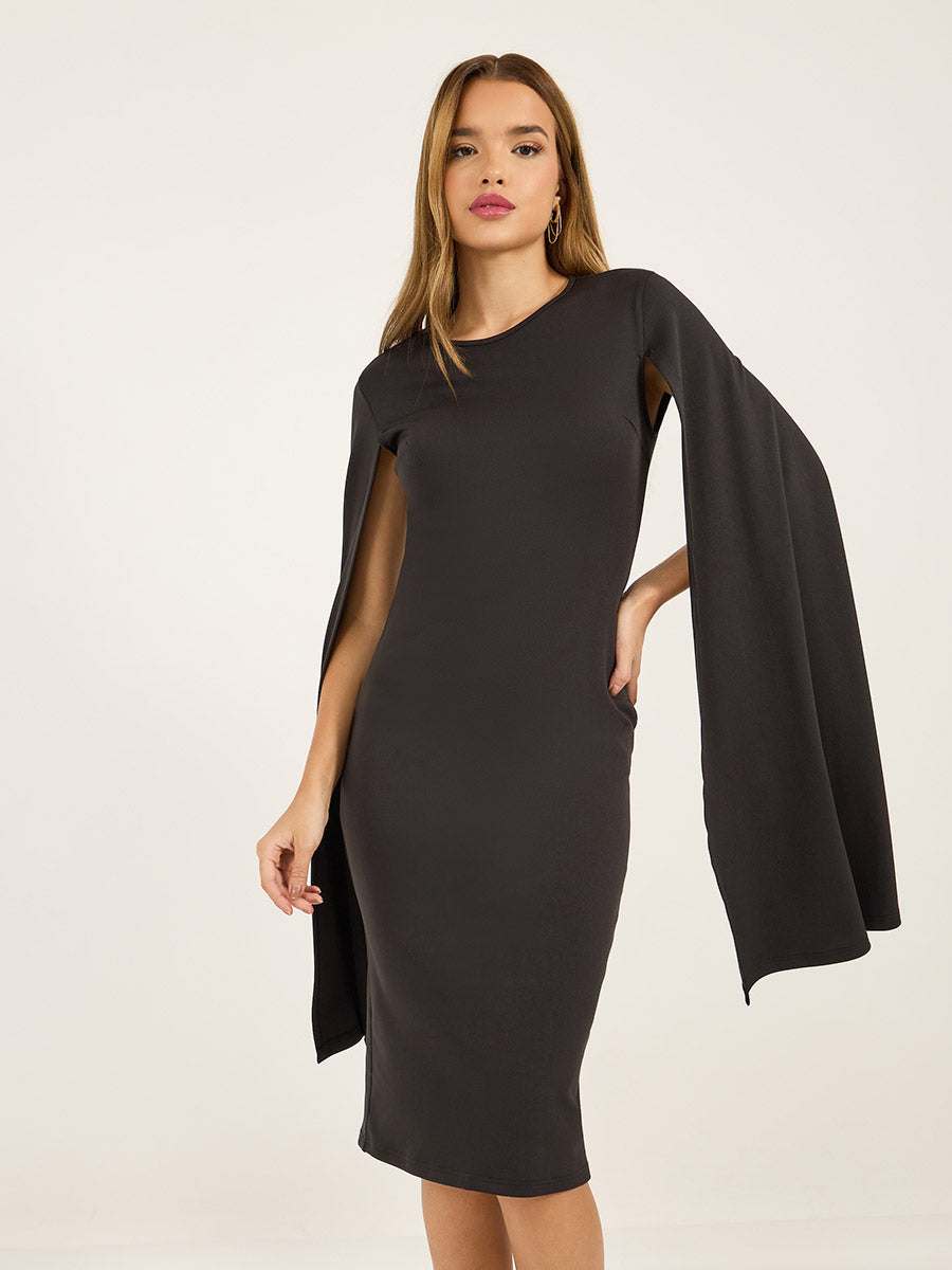 Women's Solid Long Cape Sleeve Sheath Midi Dress