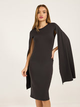 Women's Solid Long Cape Sleeve Sheath Midi Dress
