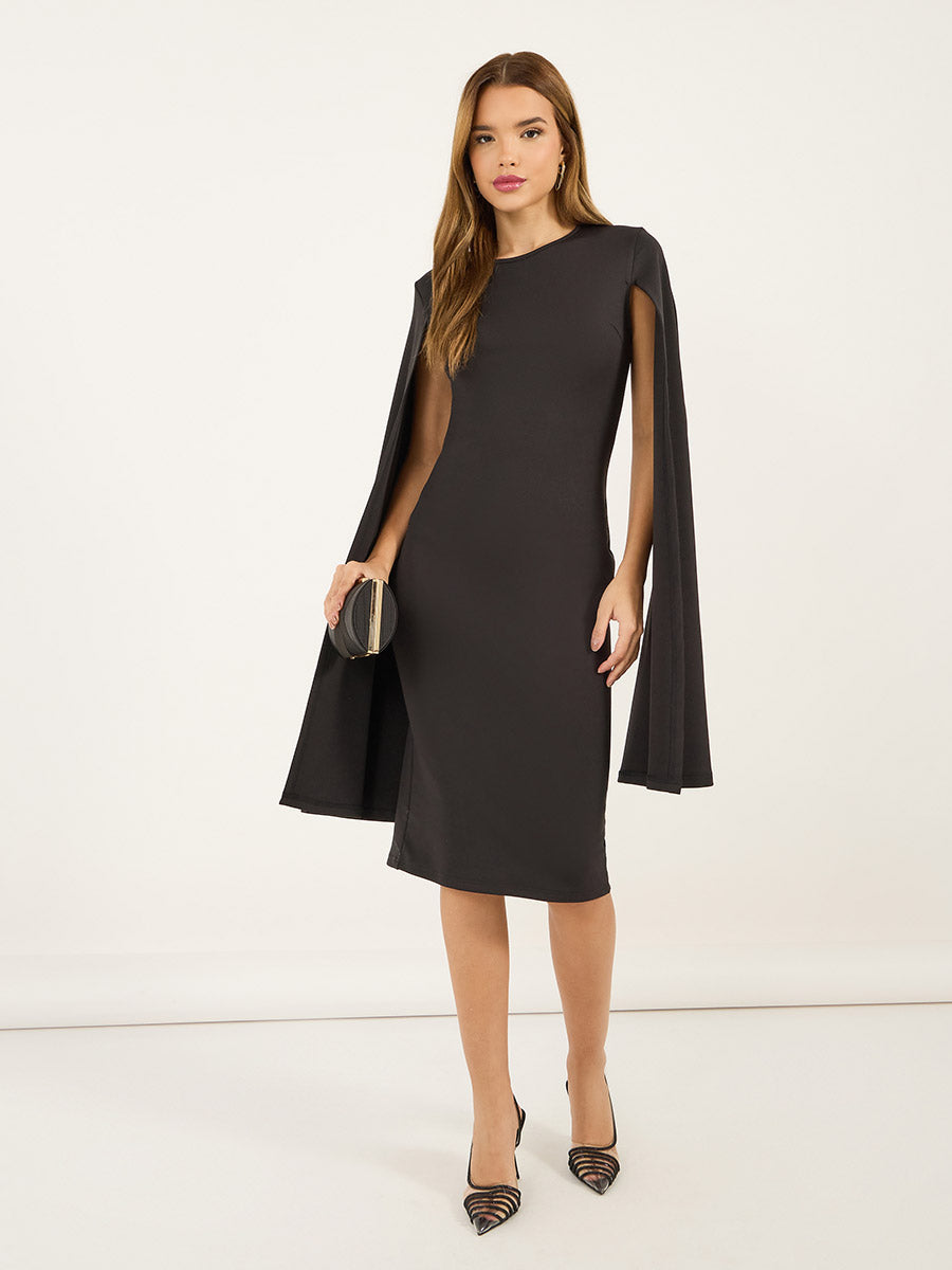 Women's Solid Long Cape Sleeve Sheath Midi Dress
