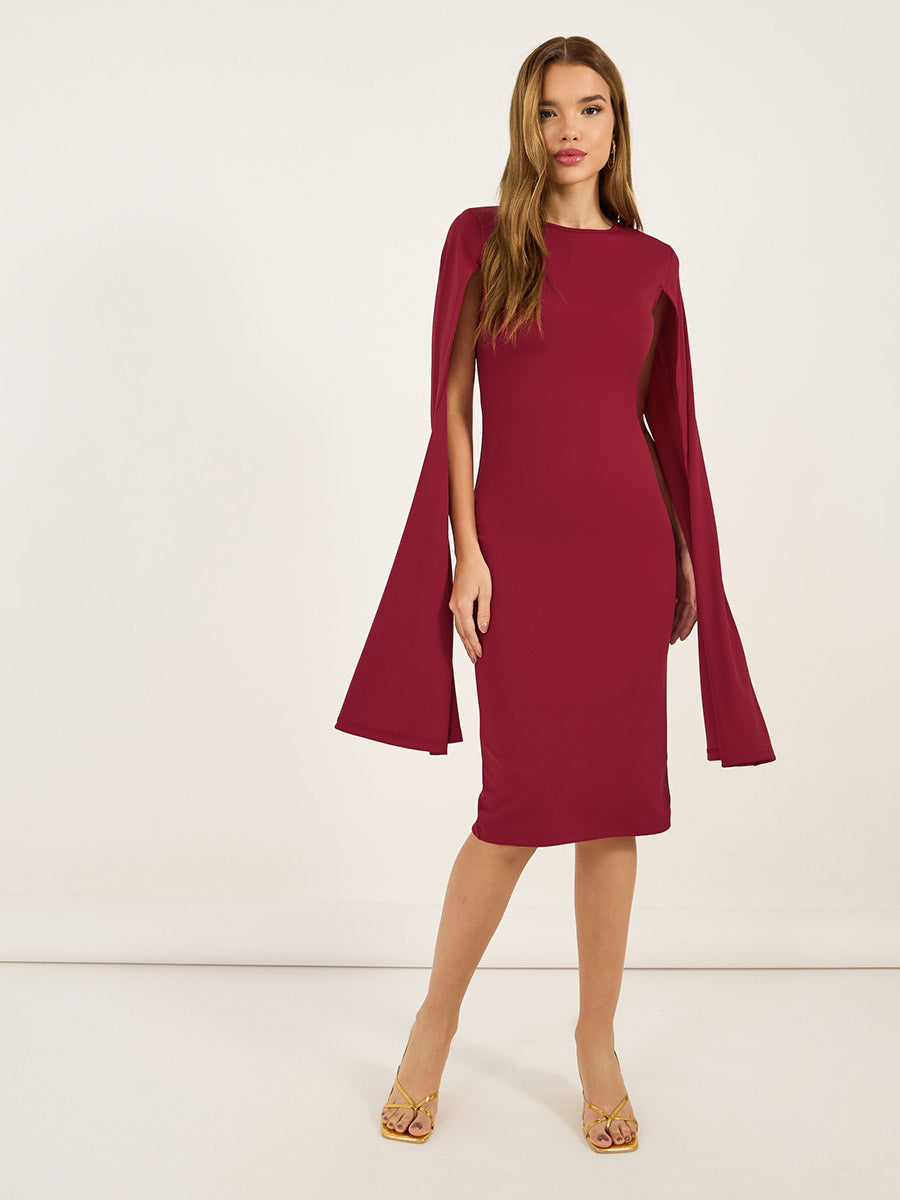 Women's Solid Long Cape Sleeve Sheath Midi Dress
