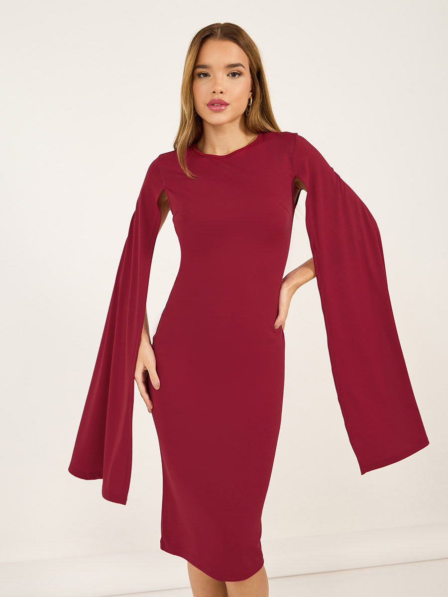 Women's Solid Long Cape Sleeve Sheath Midi Dress