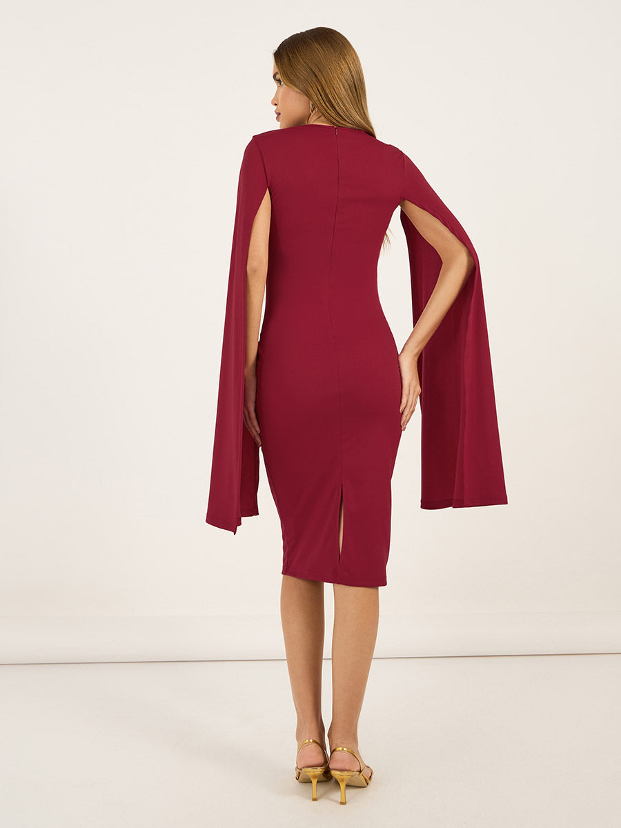 Women's Solid Long Cape Sleeve Sheath Midi Dress