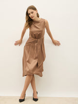 Women's Gold Solid Round Neck A-Line Midi Dresses