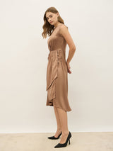Women's Gold Solid Round Neck A-Line Midi Dresses