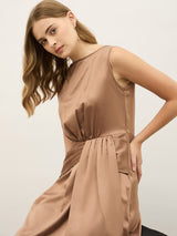 Women's Gold Solid Round Neck A-Line Midi Dresses