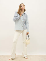 Women's Blue Casual Oversized Fit Striped Full Sleeves Shirt