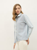 Women's Blue Casual Oversized Fit Striped Full Sleeves Shirt