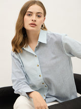 Women's Blue Casual Oversized Fit Striped Full Sleeves Shirt