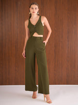 Women's Olive Casual Regular Fit Sleeveless Co-ords Set