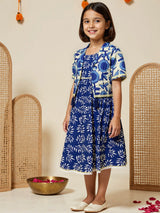 Girls Navy Cotton Festive Printed Dress with Jacket