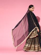 Women's Navy Blue Floral Embroidered Regular Gotta Patti Pure Rayon Kurta with Sharara & with Dupatta