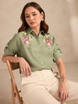 Women's Green Casual Floral Half Sleeves Shirt