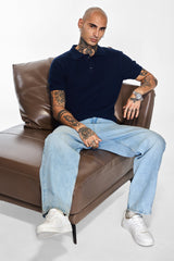 Men's Navy Casual Slim Fit Printed Half Sleeves Polo Tshirt