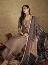 Women's Chic Brown Shimmer Kurta Set with Lace Detailing Paired with Solid Palazzo and Dupatta