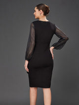Women's Black Solid V-Neck Bishop Sleeves Knee Length Party Dress