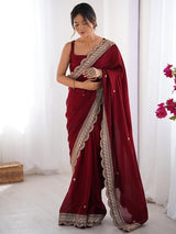 Women's Vichitra Silk Red Embellished Designer Saree with Blouse Piece