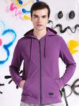Men's Purple Casual Hood Neck Self-Design Full Sleeves Hoodie